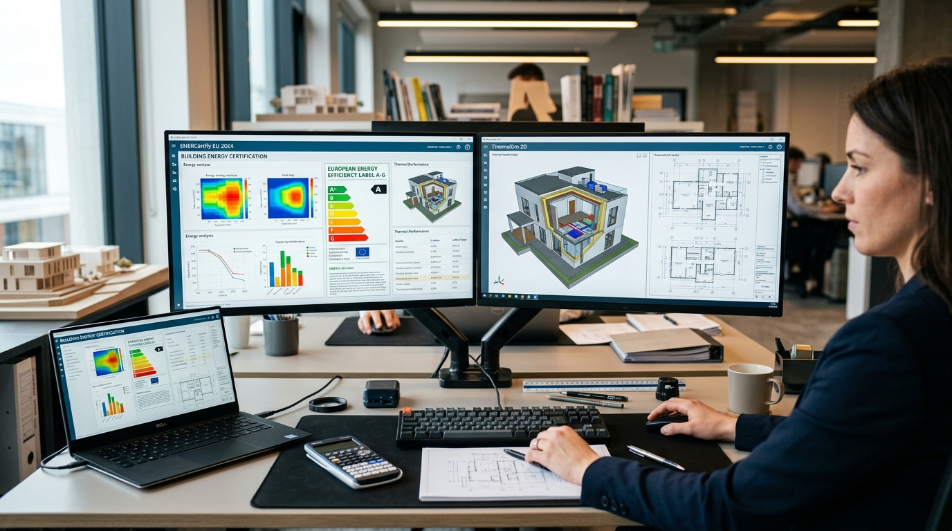 Puesto de trabajo técnico con software CE3X v3.1 y etiquetado energético oficial